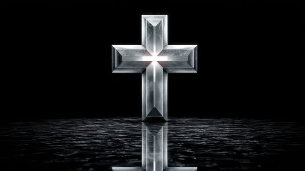 Crystal cross glowing in darkness with reflective surface creating a serene atmosphere for spiritual reflection photo