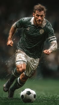 Intense soccer match in pouring rain with a determined player sprinting towards the ball photo