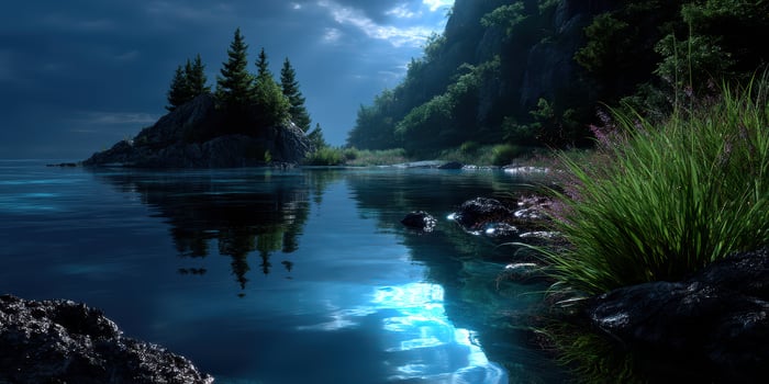 Tranquil night scene by the water with moonlight reflecting on calm surface near forested shoreline photo