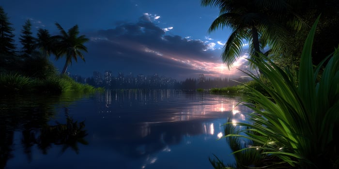 Serene twilight over a peaceful river with city skyline reflected in water photo