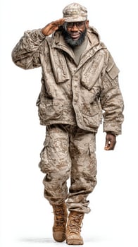 Military personnel in desert camouflage uniform performing a salute during a formal event photo