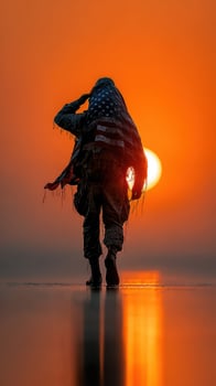 Soldier saluting at sunset with American flag draped in a serene landscape photo