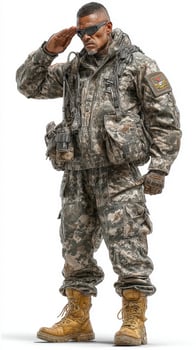 Soldier in tactical uniform saluting during military training in an outdoor environment at dawn photo