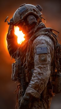 Soldier standing at sunrise saluting while wearing tactical gear in a desert landscape photo