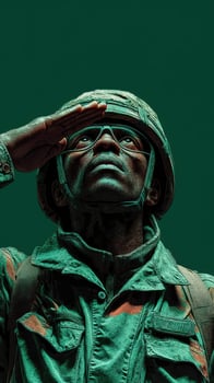 Soldier saluting with determination against a green backdrop during a military ceremony photo