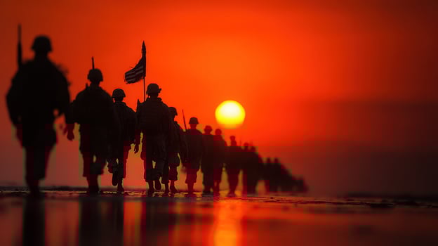 Soldiers march along the shore at sunset, silhouetted against the orange sky photo