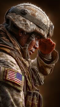 Soldier saluting in a rain-soaked environment during a military operation at dawn photo