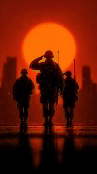 Soldiers marching against a vibrant sunset in an urban landscape highlighting courage and sacrifice photo