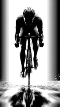 Cyclist racing through water in a dynamic black and white setting during a competitive event photo