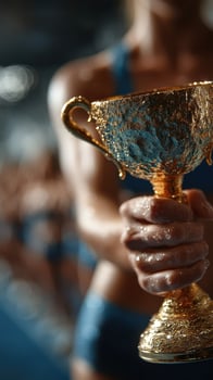 Swimmer celebrating victory with golden trophy at aquatic center during competition photo