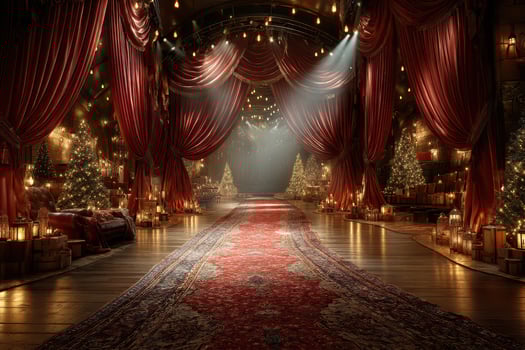 Elegant Christmas setting with red drapes, festive decorations, and warm lighting create a cozy atmosphere for gatherings or celebrations photo