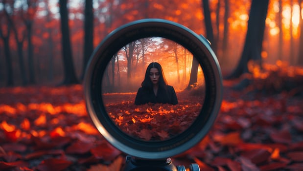Woman in Autumnal Forest Seen Through Camera Lens with Warm Light photo