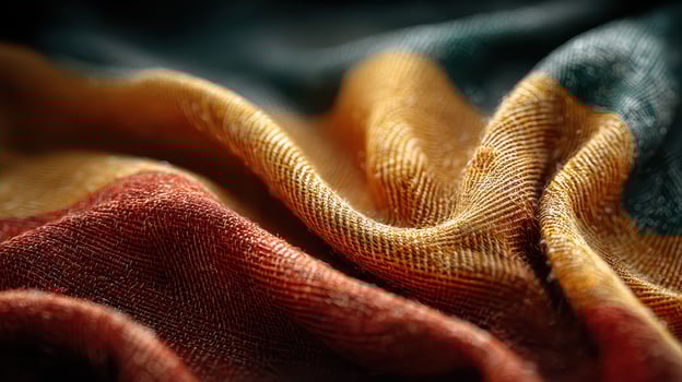 Textured fabric showcases intricate weave patterns in warm tones under soft lighting in a textile workshop photo