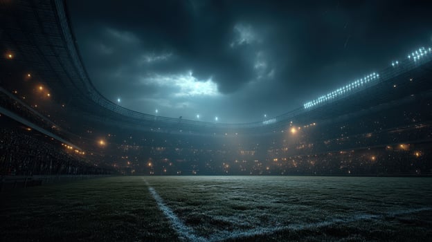 Spectators gather in a large stadium under dark clouds during a dramatic night event on a grass field photo