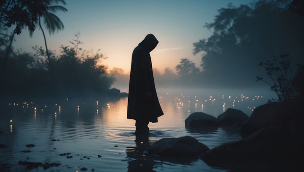 Person Standing in Water at Dusk with Mysterious Lighting Effect photo