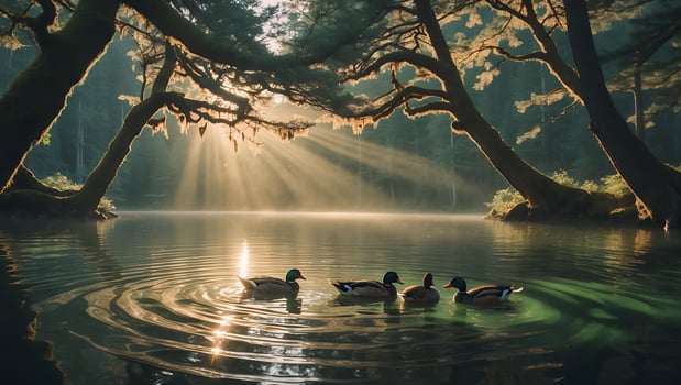 Ducks Swimming on Lake with Sunlight Streaming Through Forest Trees photo
