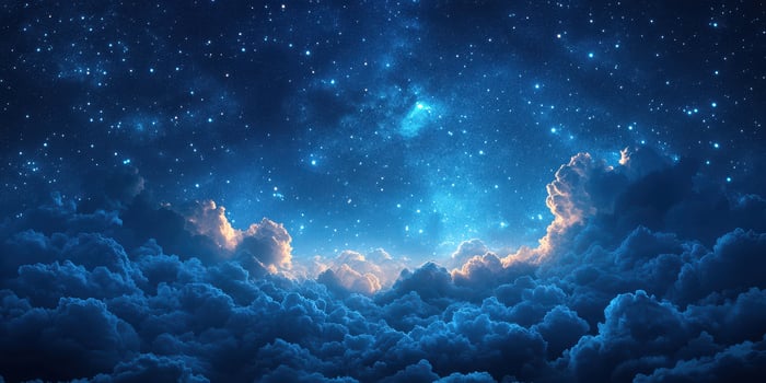 Night sky displaying shimmering stars and wispy clouds over a serene landscape just after sunset photo