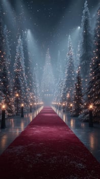 Magical winter landscape with a glowing red carpet leading to a festive tree surrounded by snow-covered trees photo