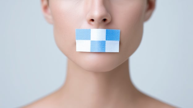 Woman with blue and white checkered tape over her mouth, conveying silence and communication barriers in a minimalist artistic portrait photo