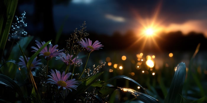 Colorful flowers glisten with dew under a vibrant sunset near a tranquil lake photo