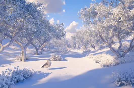 Snowy winter landscape with trees and a bird. photo