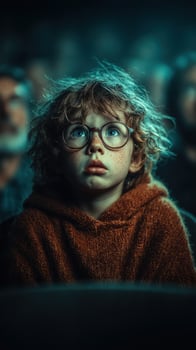 Child watches intently during a movie in a dimly lit theater with an excited audience present quietly photo