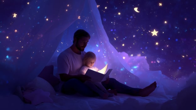 Father reads a bedtime story to daughter under a starry night sky in a cozy bedroom photo