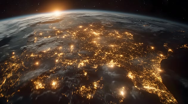Global perspective of urban lights at dawn. photo