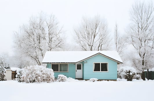 A light-blue house covered in snow, nestled amongst frosted trees. photo