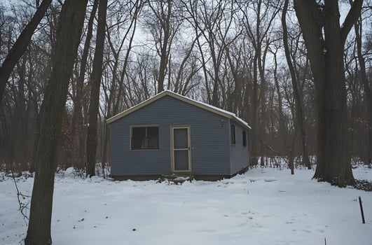 Small gray cabin nestled in a snowy forest. photo