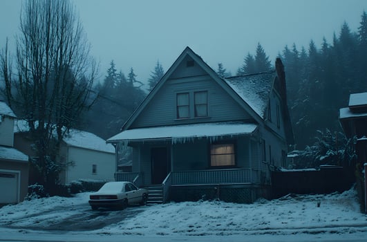 A gray, snow-covered house on a winter's day. photo