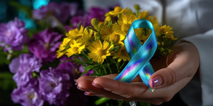 Support for mental health awareness with flowers and a blue ribbon held in a hand photo