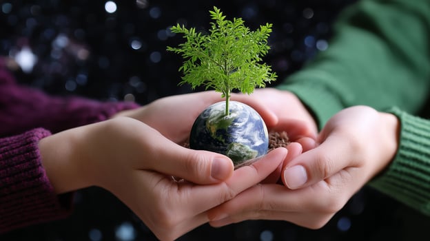 People holding a small globe with a tree sprouting on top, representing environmental care and sustainability efforts photo