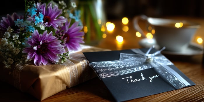 Gift with flowers and a thank you card on a wooden table with a cup of coffee in a cozy setting photo