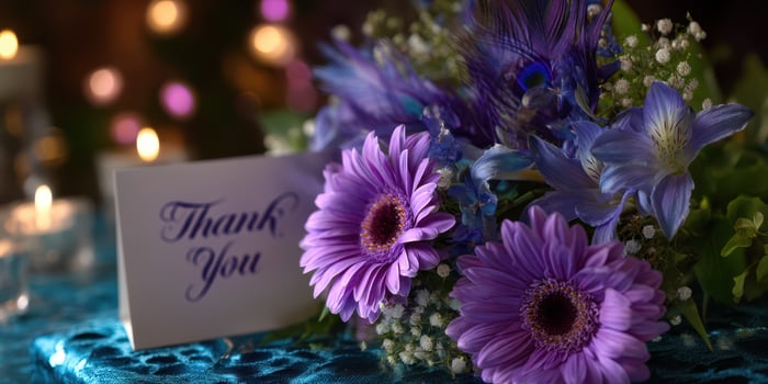 Beautiful floral arrangement with a thank you note on a decorated table during a festive gathering photo