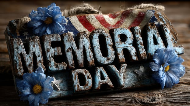 Decorated wooden sign celebrating Memorial Day with floral accents on rustic wooden table photo