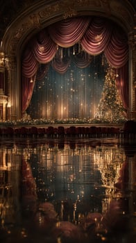 Elegant theater stage adorned for festive celebration with a shimmering Christmas tree and ornate decorations at night photo