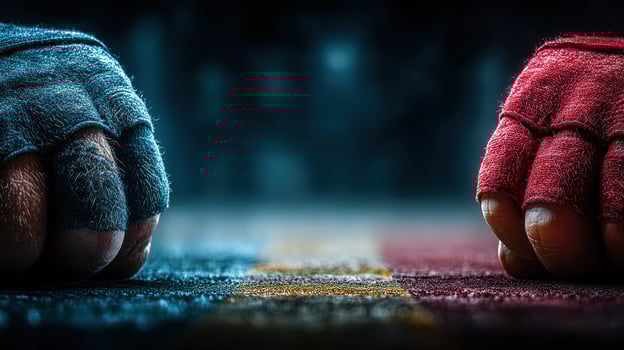 Boxing gloves in red and blue poised for action in an intense sporting match at a gym photo
