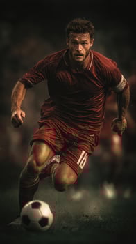 Soccer player in intense action during a match on a field under dramatic lighting photo