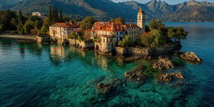Historical island villa nestled amidst turquoise waters and mountains during sunset in Montenegro photo