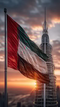 UAE flag waving at sunset near iconic tower in Dubai showcasing national pride and modern architecture photo
