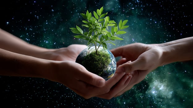 Hands supporting a small plant on a globe, symbolizing hope and environmental care in the universe photo