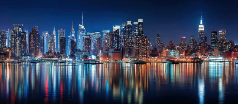 City Skyline at Night Water Reflection Dark Sky photo