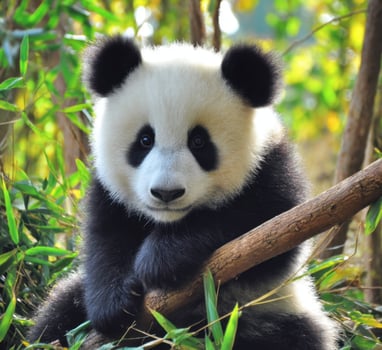A Giant Panda Cub Adorably Posing On The Bamboo Tree photo