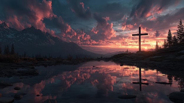 Sunset over a mountainous landscape with a cross reflected in a calm lake photo