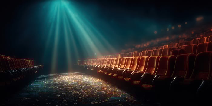 Empty theater with illuminated seats and subtle reflections on the floor during a quiet moment photo