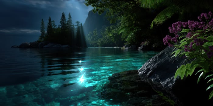 Serene nighttime view of a tranquil lake surrounded by lush greenery and vibrant flowers in a coastal landscape photo