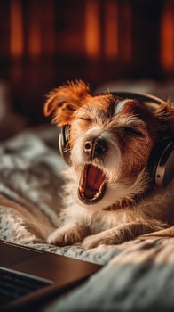 Happy dog wearing headphones enjoying music on a cozy bed during golden hour in a warm and inviting room photo