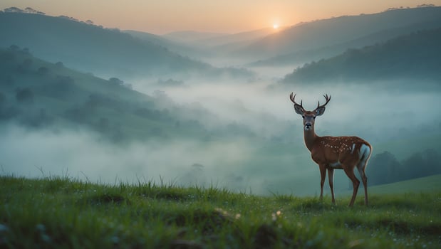 Deer Standing on Hillside Overlooking Valley Fog at Sunrise photo