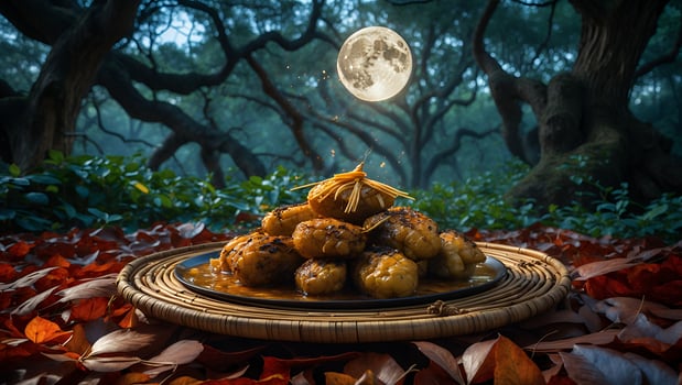 Grilled Corn Cob Appetizers on Wicker Plate in Autumn Forest photo